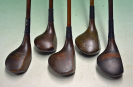 5 x Various persimmon socket neck woods including an A Dunlop large head spoon, a Craigie of