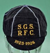 1925 SGS RFC Rugby Cap â€“ black cap with blue trim and gold lettering, no recipient`s name, torn