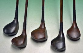 5 x Assorted socket woods including 3 x brassies a striped topped spoon and a driver stamped Davega,