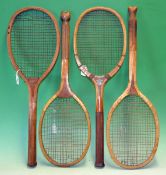 2 x wooden Fishtail tennis rackets plus 2 others to incl The Delta convex c/w red and white double