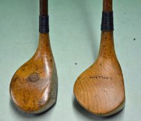 2x Golden persimmon medium size socket head woods to incl Spalding "F Model" brassie stamped with