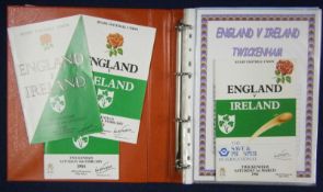 Selection of 1980s Onward England v Ireland Signed Rugby Programmes â€“ all played at Twickenham,