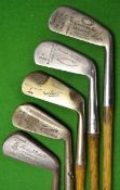 5x Long irons including a Fred Sanders mussel back three iron, a Maxwell flanged sole standard iron,