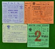 4x 1930s Wales Rugby Tickets - to incl v England 30, v France 31 c/w stub, v Ireland 36 and v