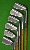 6x Flanged bottom irons including an iron, a three iron, a mashie, a No5, mashie niblick, niblick