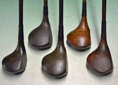 5 x Assorted socket head persimmon woods to incl a Joe Kirkwood large headed driver, a JH Taylor