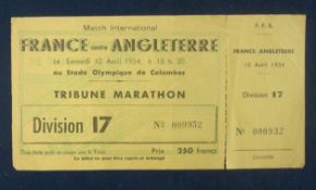 1954 France v England Rugby Match Ticket â€“ played on 10/04/54 at Colombes, complete with stub, a