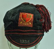 1930 F XV Rugby Cap â€“ six panel dark green velvet cap with red and green hand sewn silk crest,