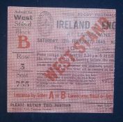 1949 Ireland v England Rugby Match Ticket â€“ played at Lansdowne Road on 12/02/49, without the