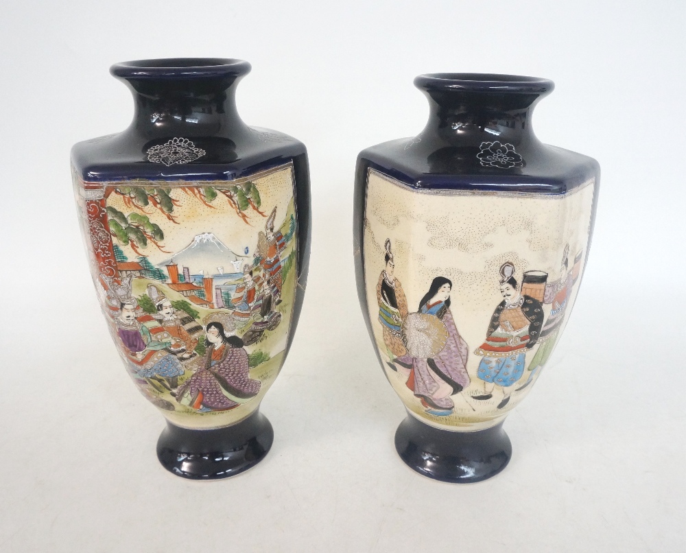 PAIR OF JAPANESE SATSUMA VASES
decorated with figural Samurai panels, painted character marks to