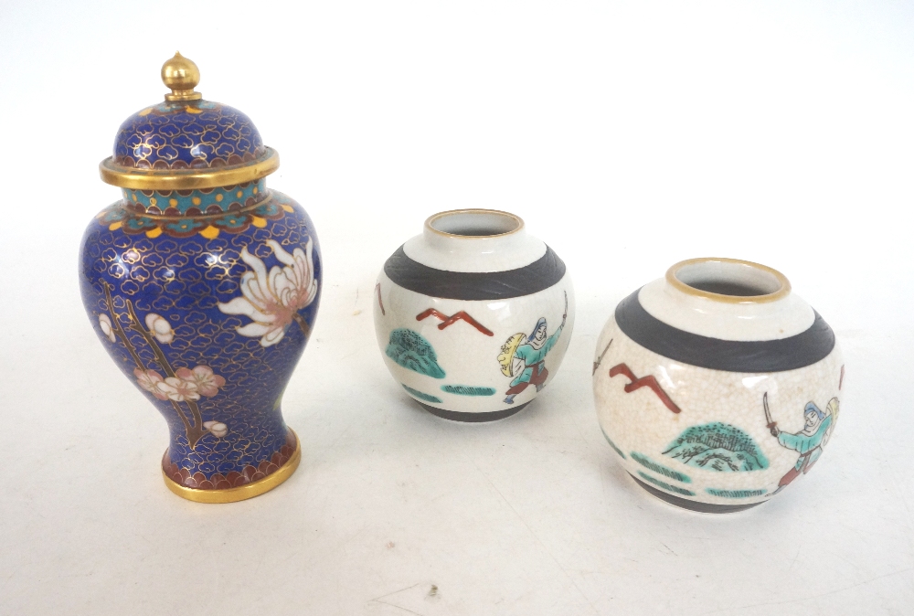 PAIR OF SMALL CHINESE CRACKLE GLAZE POTTERY JARS
each depicting mountain scenes with warriors,