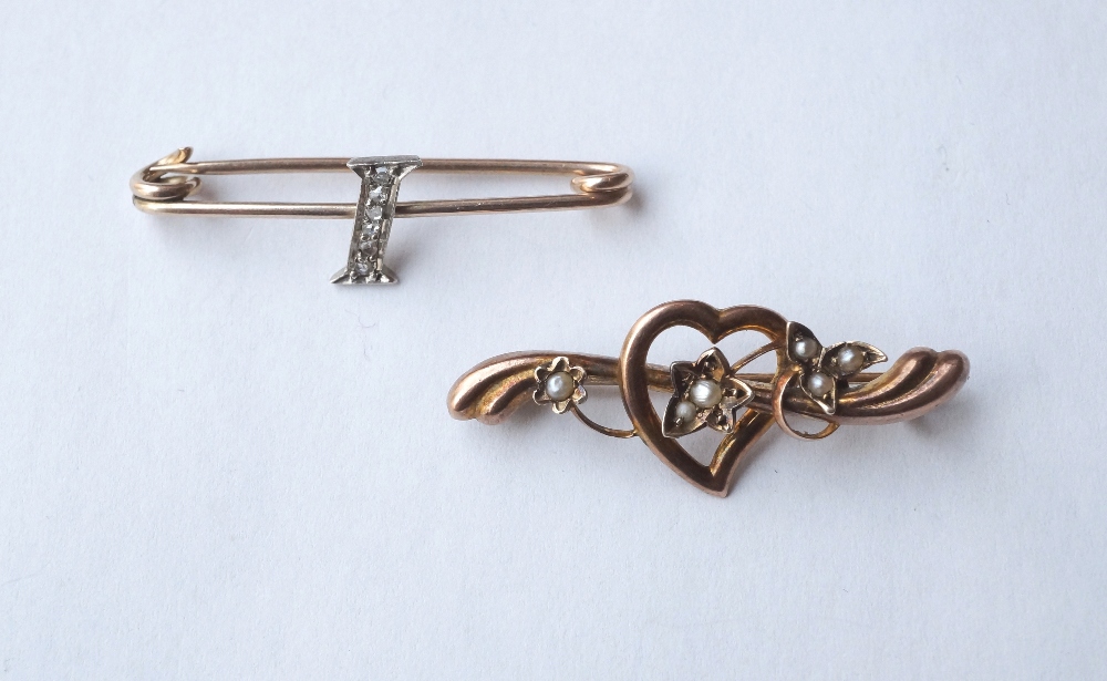 SEED PEARL SET NINE CARAT GOLD BROOCH
with heart decoration, and a diamond set bar brooch in