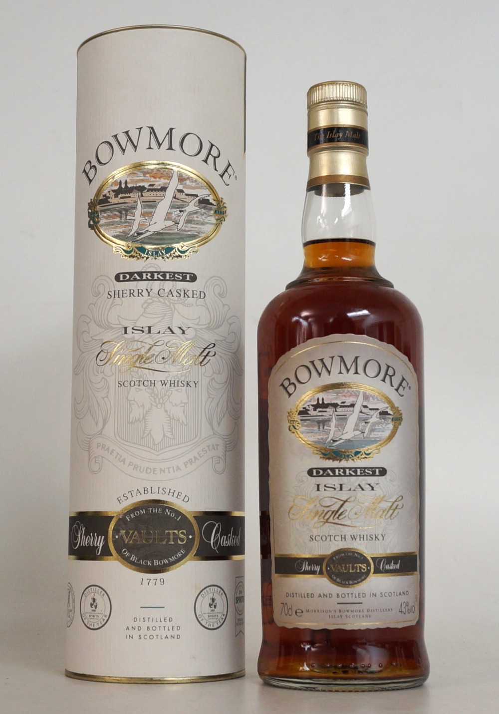BOWMORE DARKEST
1 Bottle of Bowmore Darkest, Islay Malt. Seagull Label. OB. In presentation tube.