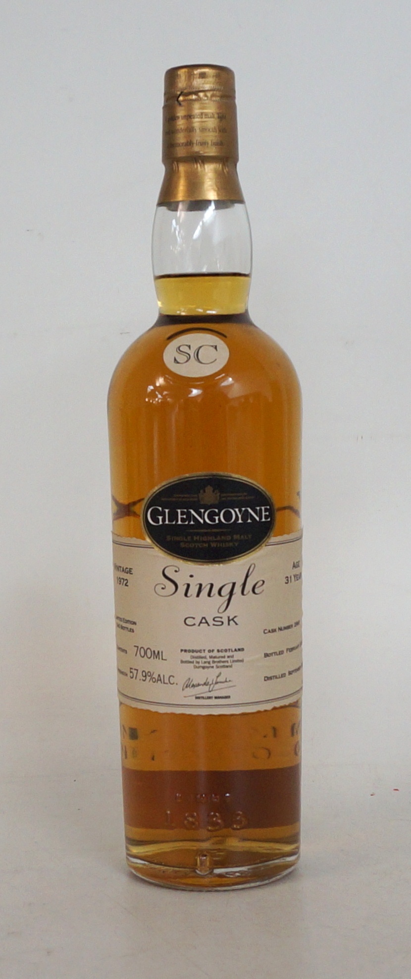 GLENGOYNE SINGLE CASK 1972
1 bottle.  Glengoyne Single Cask 1972.  31 years old.  In wooden