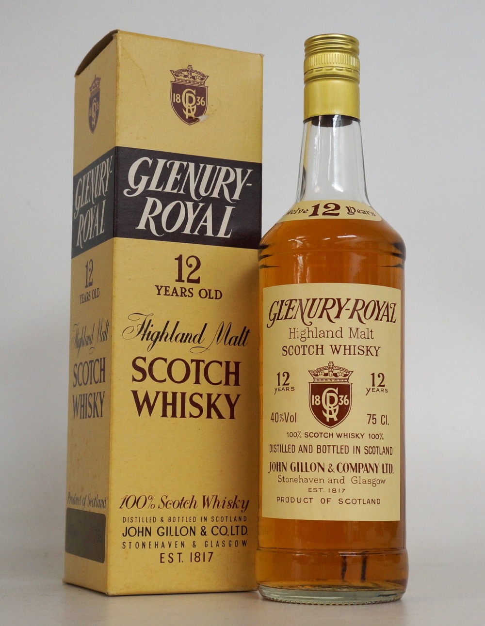 GLENURY-ROYAL 12 YEAR OLD
1 Bottle.  Glenury-Royal 12 Year Old.  75cl.  40% abv.  In rectangular