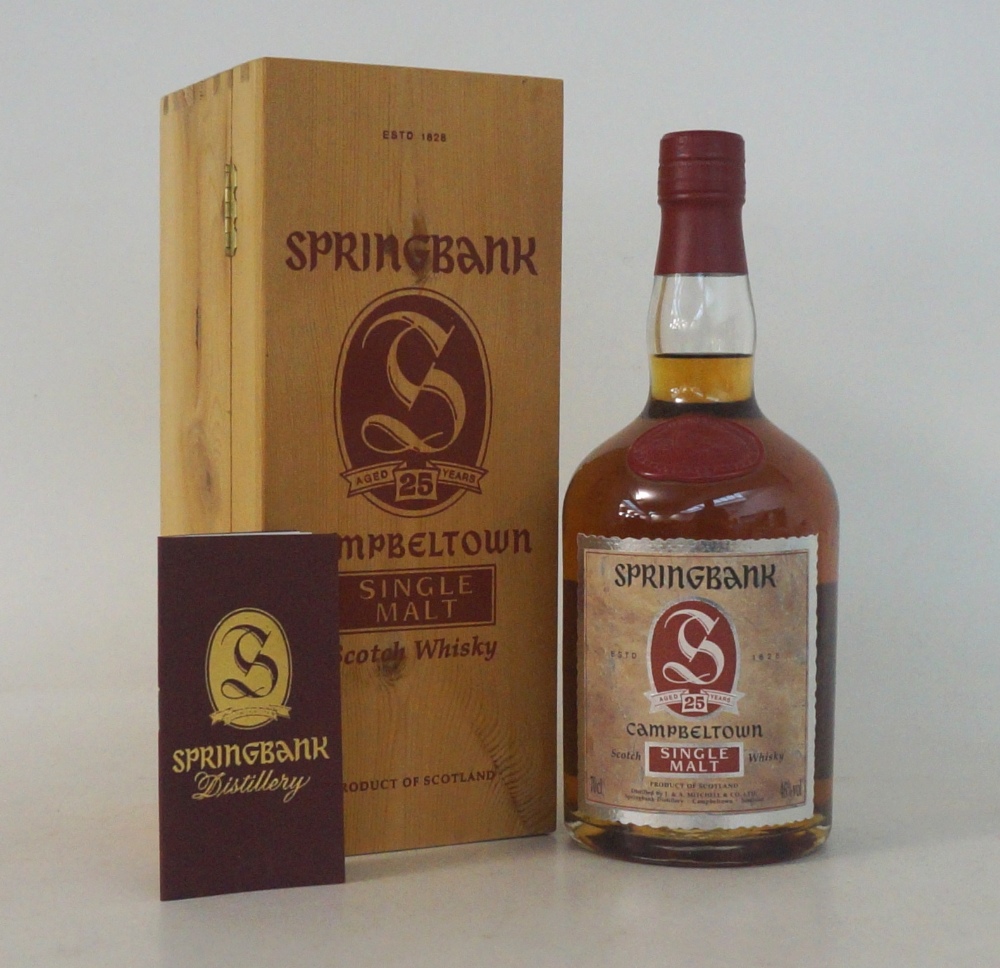 SPRINGBANK 25 YEAR OLD
1 bottle.  Springbank 25 Year Old.  70cl. 46% abv,  Presented in wooden case.