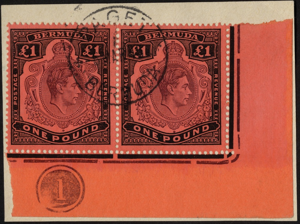 Bermuda. 1941 (July) £1 pale purple and black on pale red paper, corner pair used on piece with