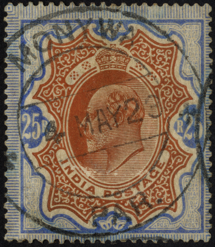 Burma - 1902-11 India KE VII 25r brownish orange and blue, used with Monywa Parcels cancel of 4 MY