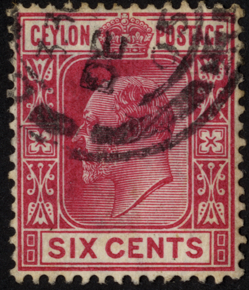 Ceylon. 1904 6ct carmine, watermark MCA inverted, fine used. The discovery example. SG 281 (w)