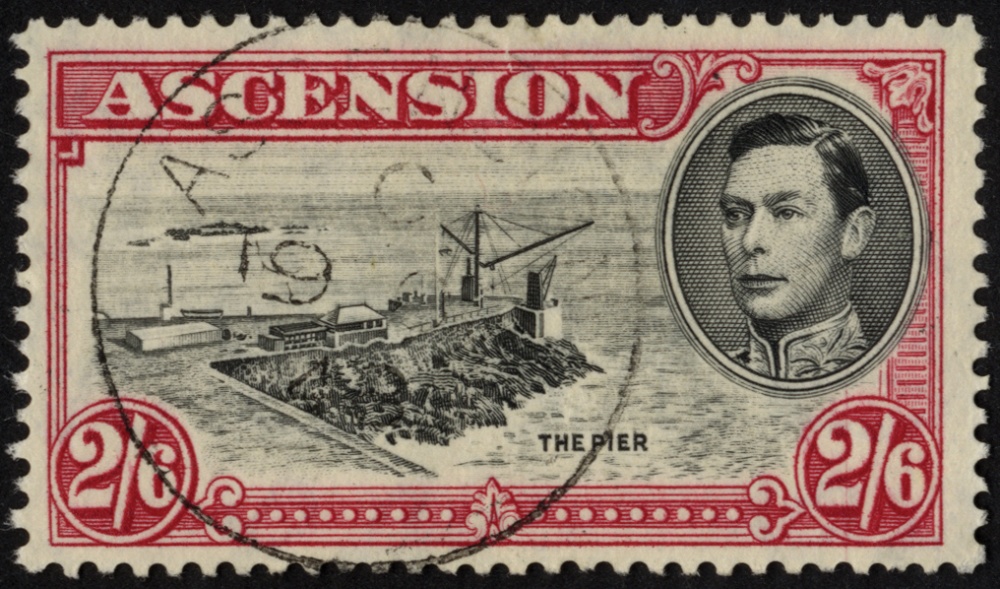 Ascension. 1938 2/6d black and carmine perf 13½, fine used with R5/1 `davit` flaw. SG 45b (£800)/CW