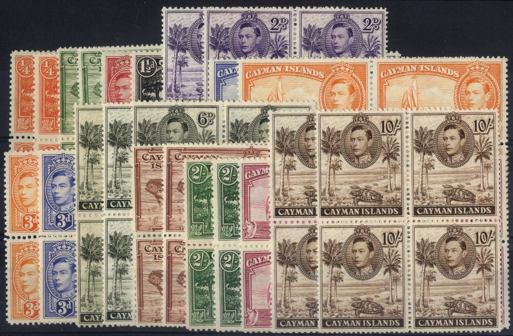 Cayman Islands. 1938-47 set of fourteen plus eight extra shades/perfs, all in unmounted mint blocks