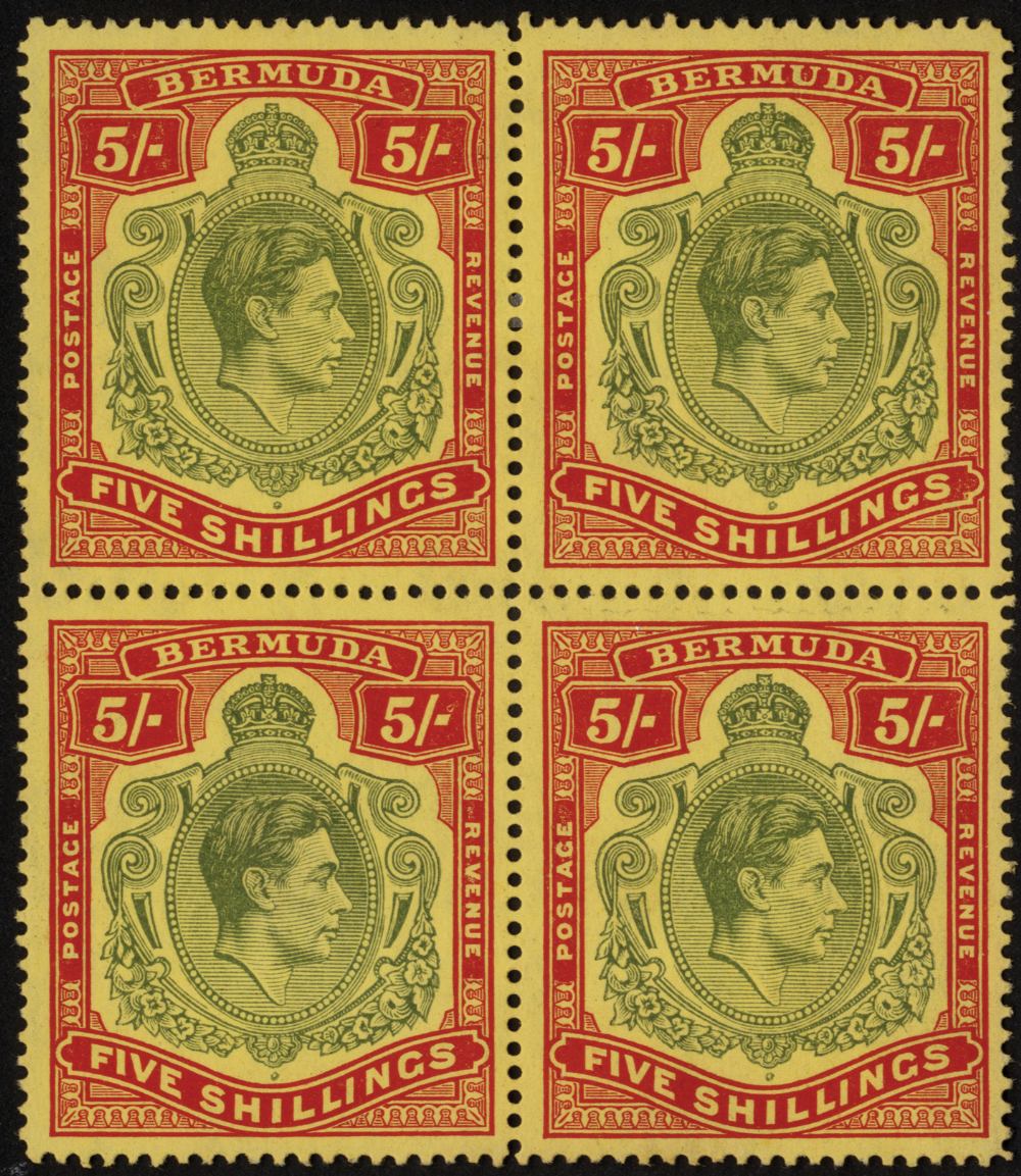 Bermuda. 1941 (May) 5/- line perf, mint block of four (#s 11-24) with streaky gum as usual. Shows