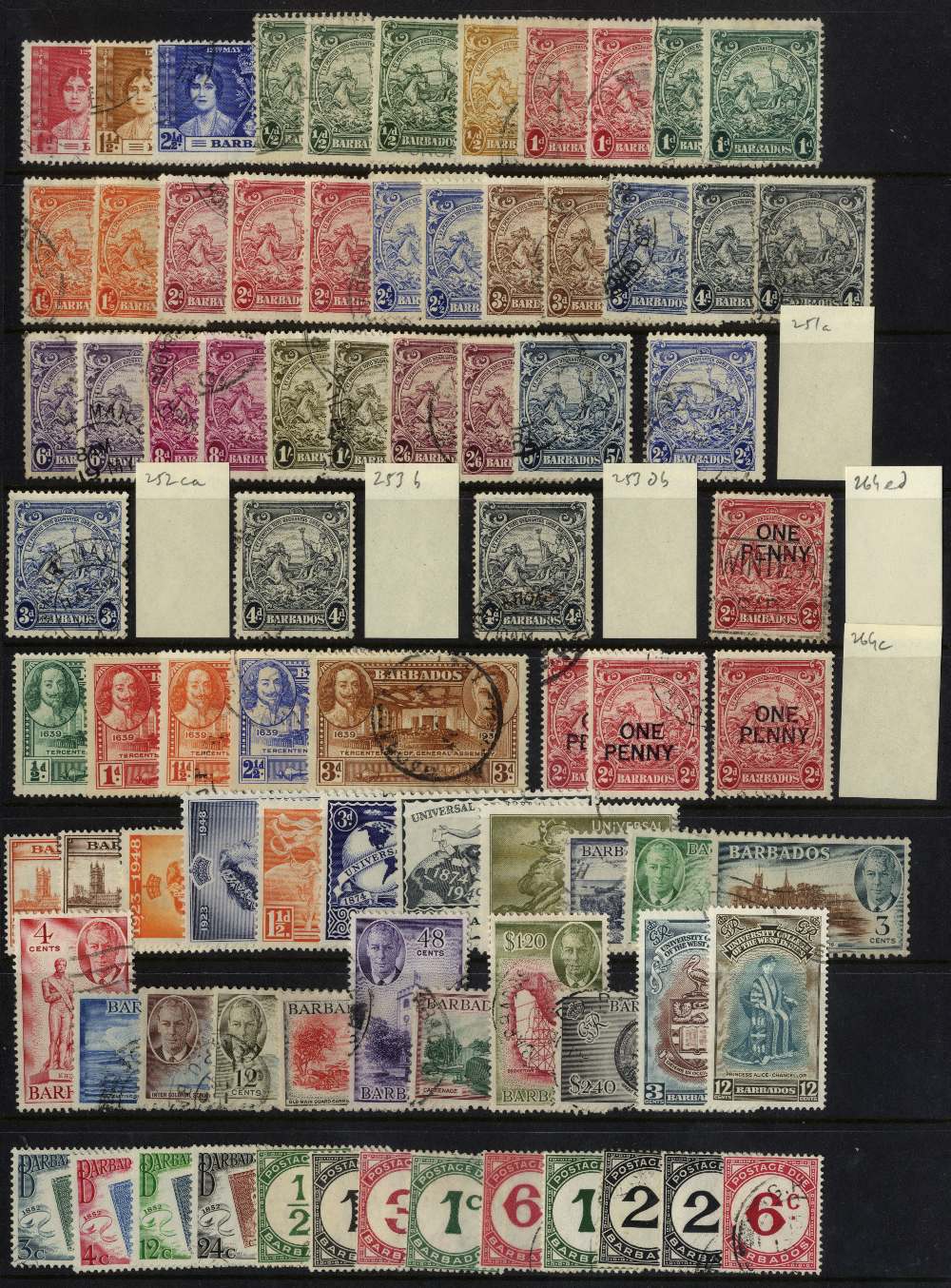 Barbados. 1937-52 used collection with most perfs and useful Dues (1937 3d, 1950 1ct and 6ct