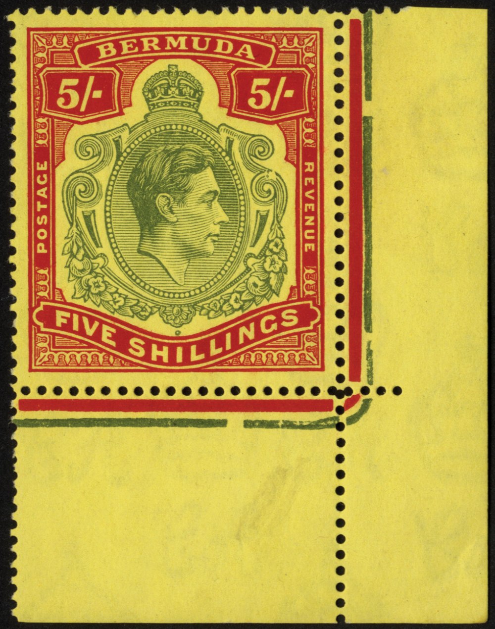 Bermuda. 1941 (May) 5/- line perf, unmounted mint corner example with HPF #60 broken lower right