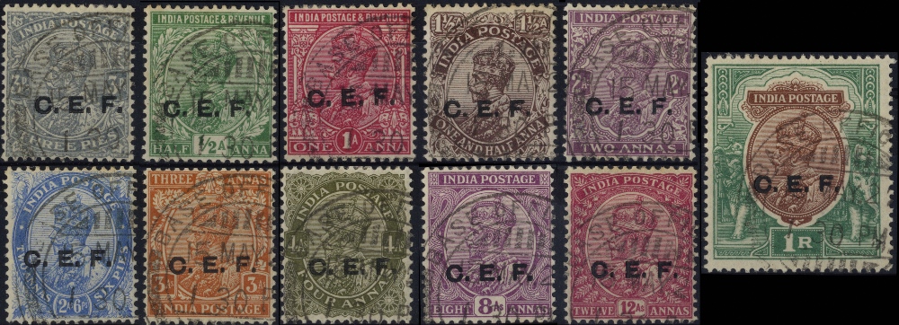 India - Chinese Expeditionary Force. 1914-22 set of eleven, used with matching strikes of Base