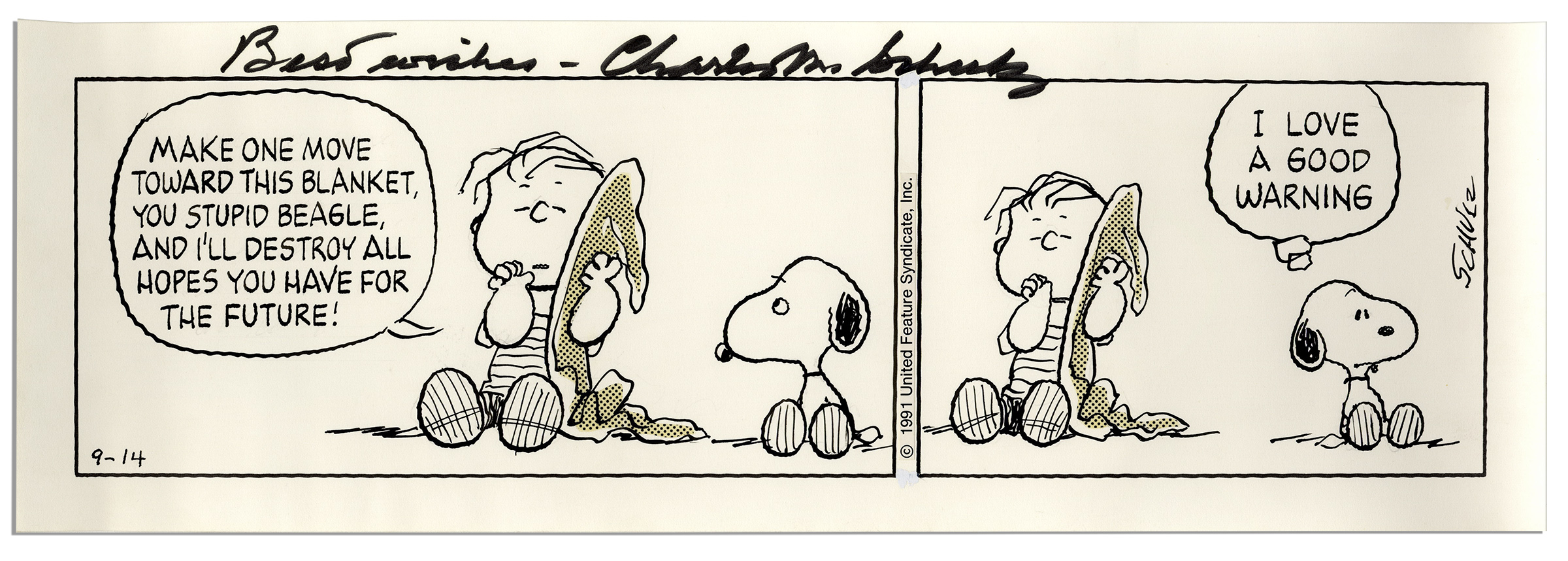 Charles Schulz ``Peanuts`` Cartoon -- Featuring Snoopy & Linus & Linus` Blanket Charles Schulz