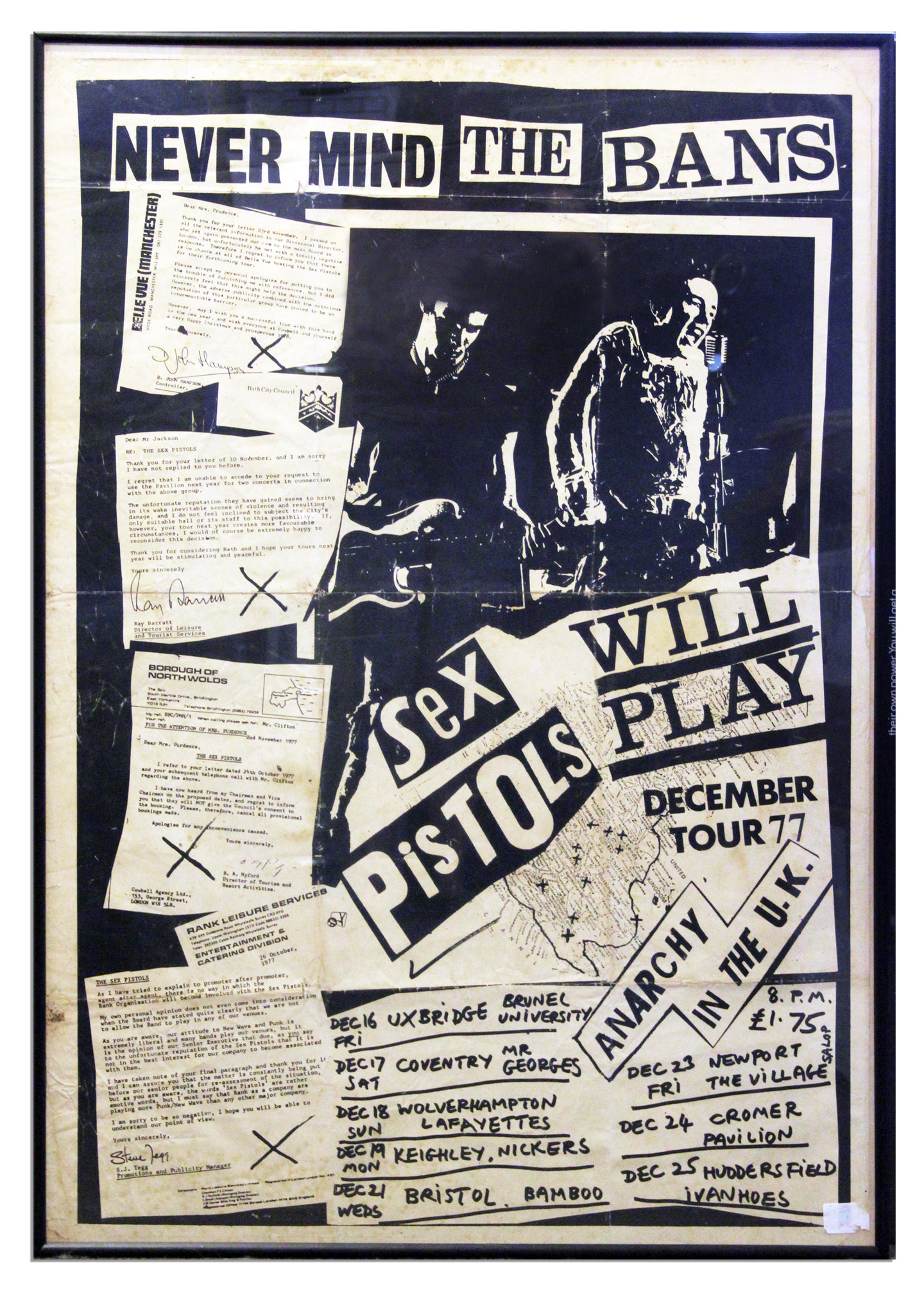 Scarce Sex Pistols Poster for Their Final Tour in the UK -- Poster Full of Quotes by Venues