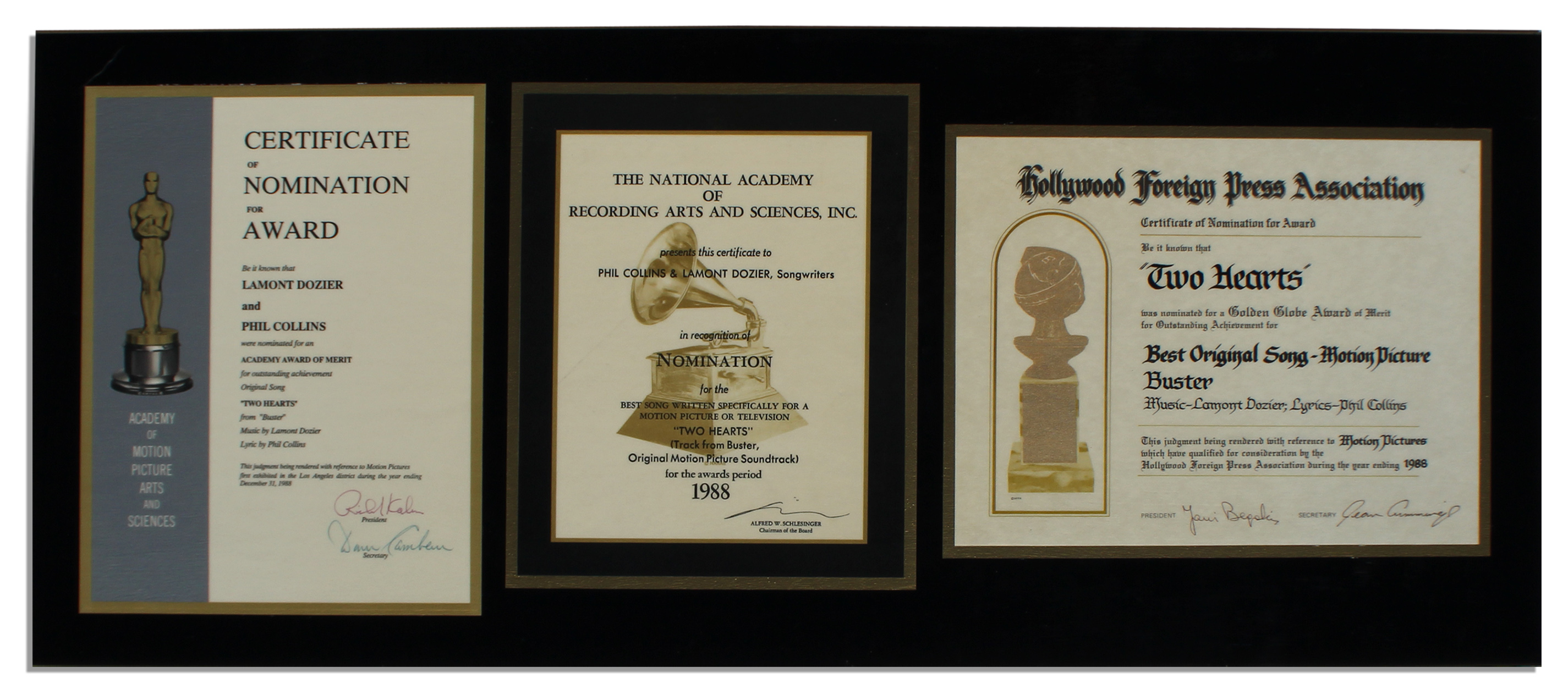 Trio of Nomination Certificates for Entertainment`s Most Prestigious Awards -- Academy Award, Grammy