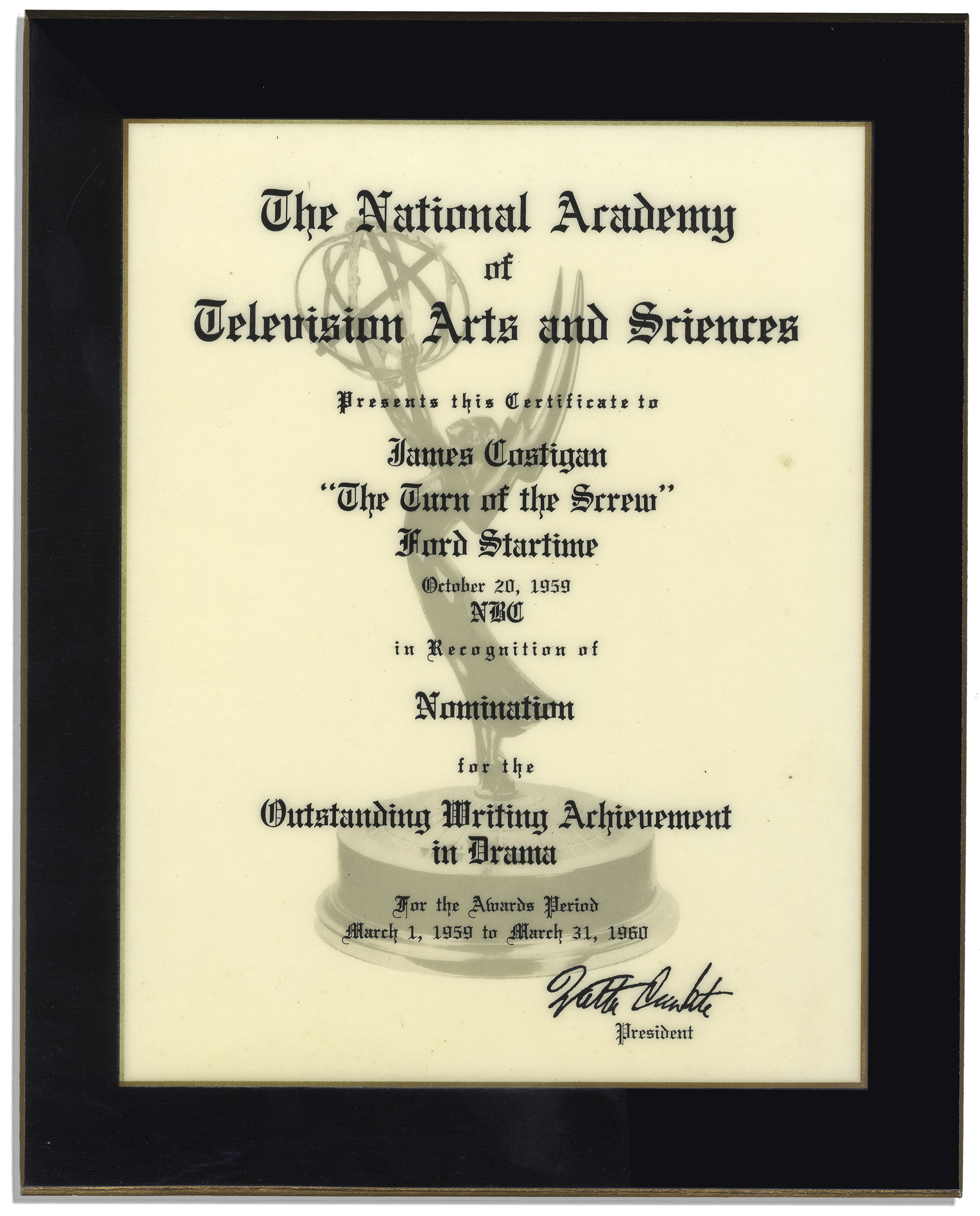 Emmy Nomination Certificate From 1959 -- James Costigan`s Nomination for Writing ``The Turn of the