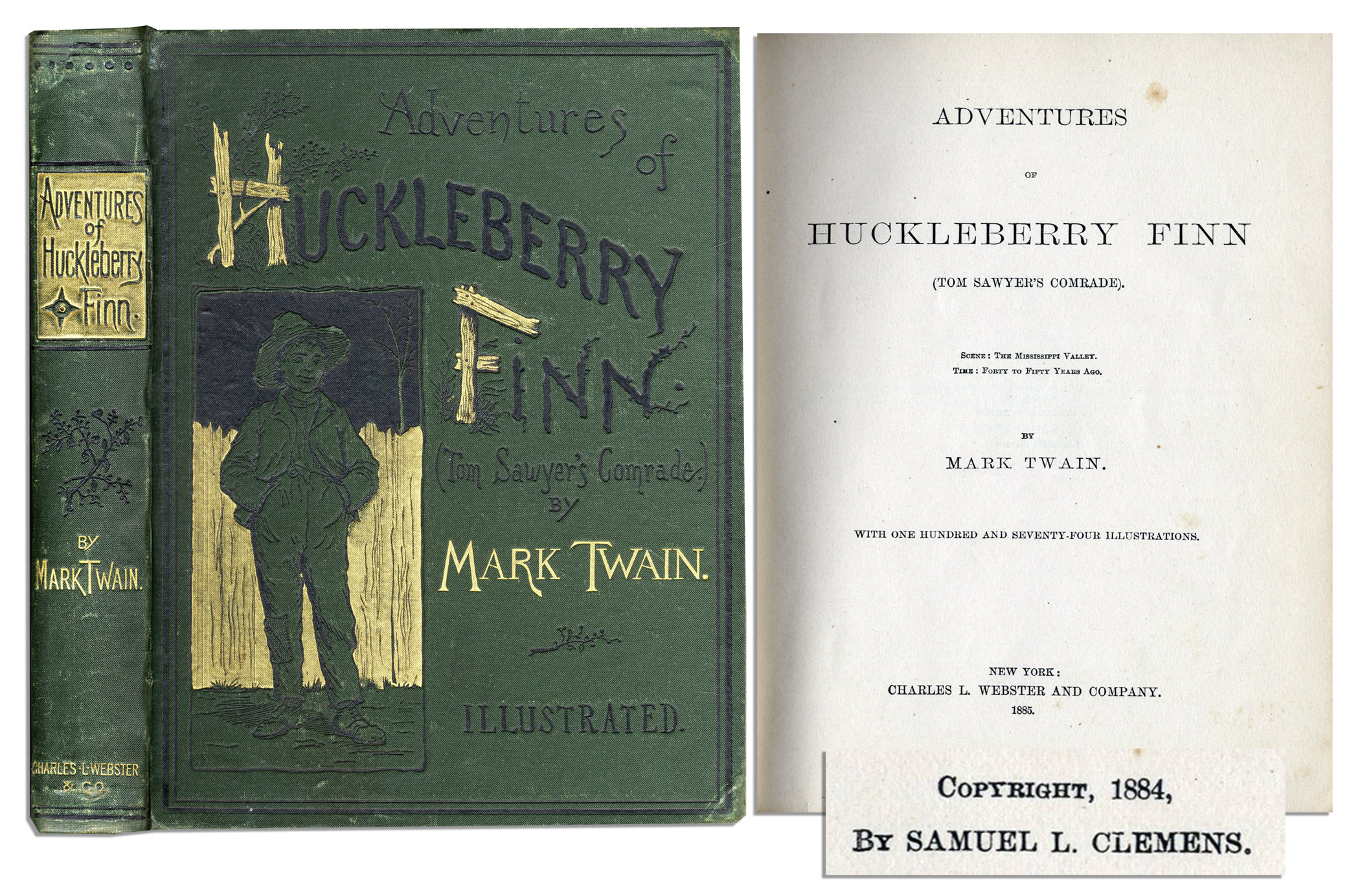 1885 First Edition, First Printing of Mark Twain`s Beloved Tome ``Adventures of Huckleberry Finn``