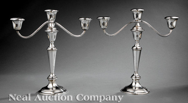 A Pair of Gorham Sterling Silver Three-Light Candelabra, weighted bases, height 11 1/2 in.