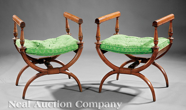 A Pair of Continental Neoclassical-Style Fruitwood Tabourets, 19th c., tubular arms, turned