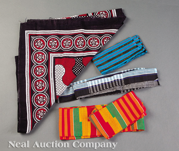 A Group of Four African Cotton Textiles, including three Kente cloth strips, Ghana, lengths 115 in.,