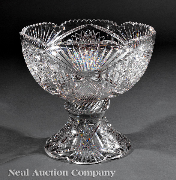 An American Brilliant Cut Glass Punchbowl, late 19th c., with star, fan and diaper decoration,