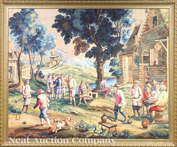 A Scenic Papier Peinte Wallpaper Panel Depicting a Village Tavern Scene, 86 in. x 104 in. (with