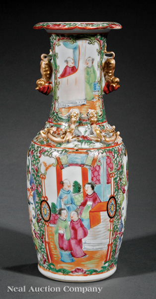A Chinese Export Canton Famille Rose Porcelain Vase, 19th c., baluster body with applied dragons and