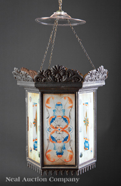 An American Tôle and Églomisé Hall Lantern, 19th c., hexagonal form, fitted with acanthine and