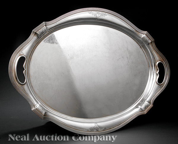 A Gorham Sterling Silver Oval Tea Tray, "Plymouth Engraved" pattern, cut-out handles, 26 1/2 in. x