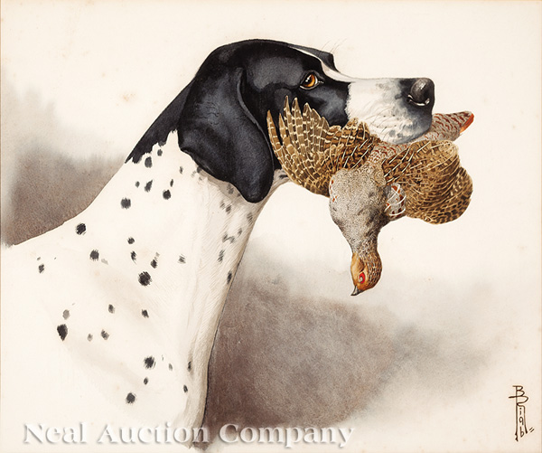 Boris Riab (French/Russian, 1898-1975), "English Setter Holding a Partridge", watercolor, signed