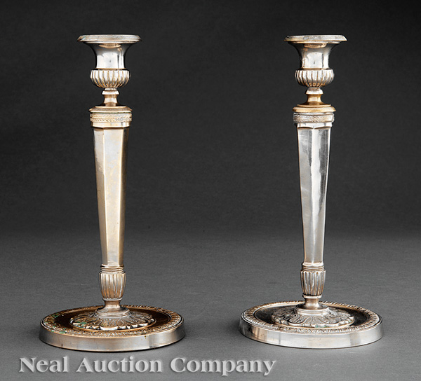 A Pair of Neoclassical-Style Silverplate Candlesticks, height 10 5/8 in. Note: Loss to silvering.