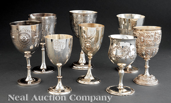 Eight Decorative Silverplate Goblets, various designs, heights from 6 3/8 in. to 8 1/4 in.