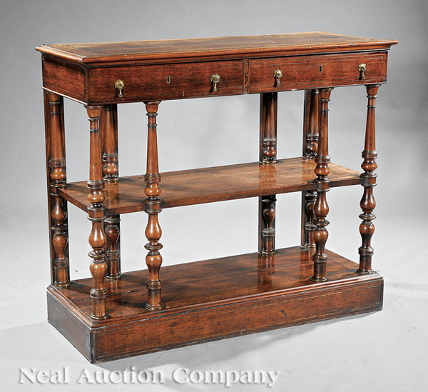 A Regency Brass Inlaid Mahogany Server, early 19th c., frieze drawers, turned supports, two shelves,