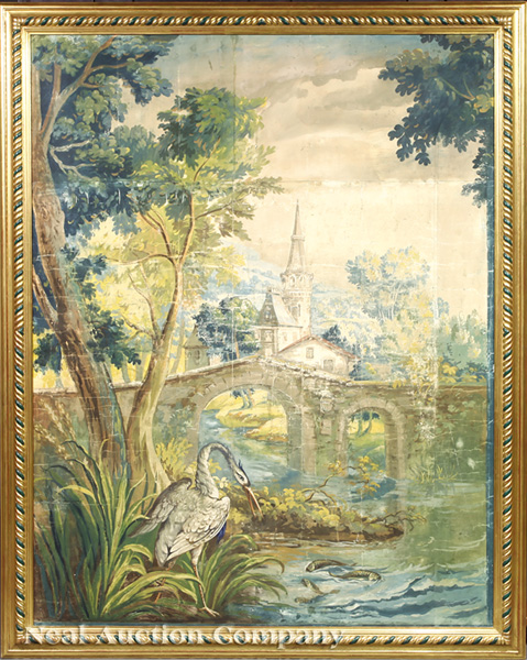 A Scenic Papier Peinte Wallpaper Panel Depicting a Landscape with Stream and a Bridge, 79 in. x 63