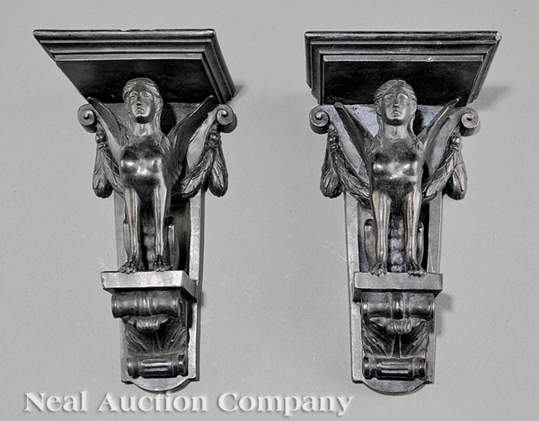 A Pair of Danish Neoclassical-Style Black Terracotta Bracket Shelves, 19th c., of classical form