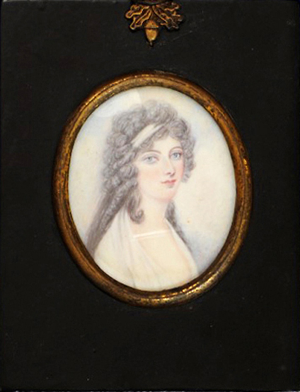 A 19th century portrait miniature of a young lady with ringletted hair and a white dress.