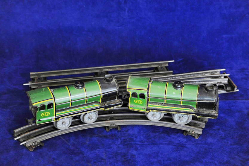 A quantity of JK Co model railway including track, four engines, three carriages, three wagons and a